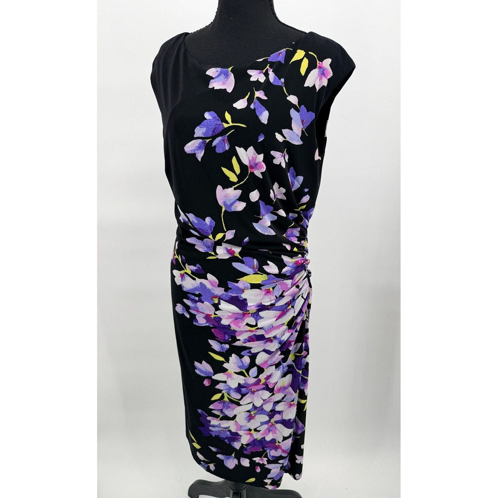 Lauren Ralph Lauren Floral Sheath Dress Women 12 Black Purple Good Ruched Side
